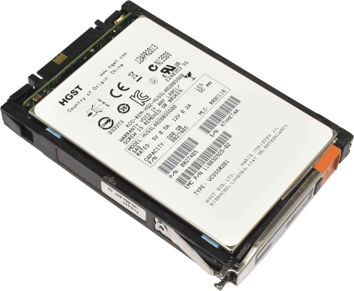 HGST 200 GB SSD Festplatte 2.5 Zoll SAS HUSSL4020BSS600 mit EMC Rahmen HGST 200 GB SSD Festplatte 2.5 Zoll SAS HUSSL4020BSS600 mit EMC Rahmen
