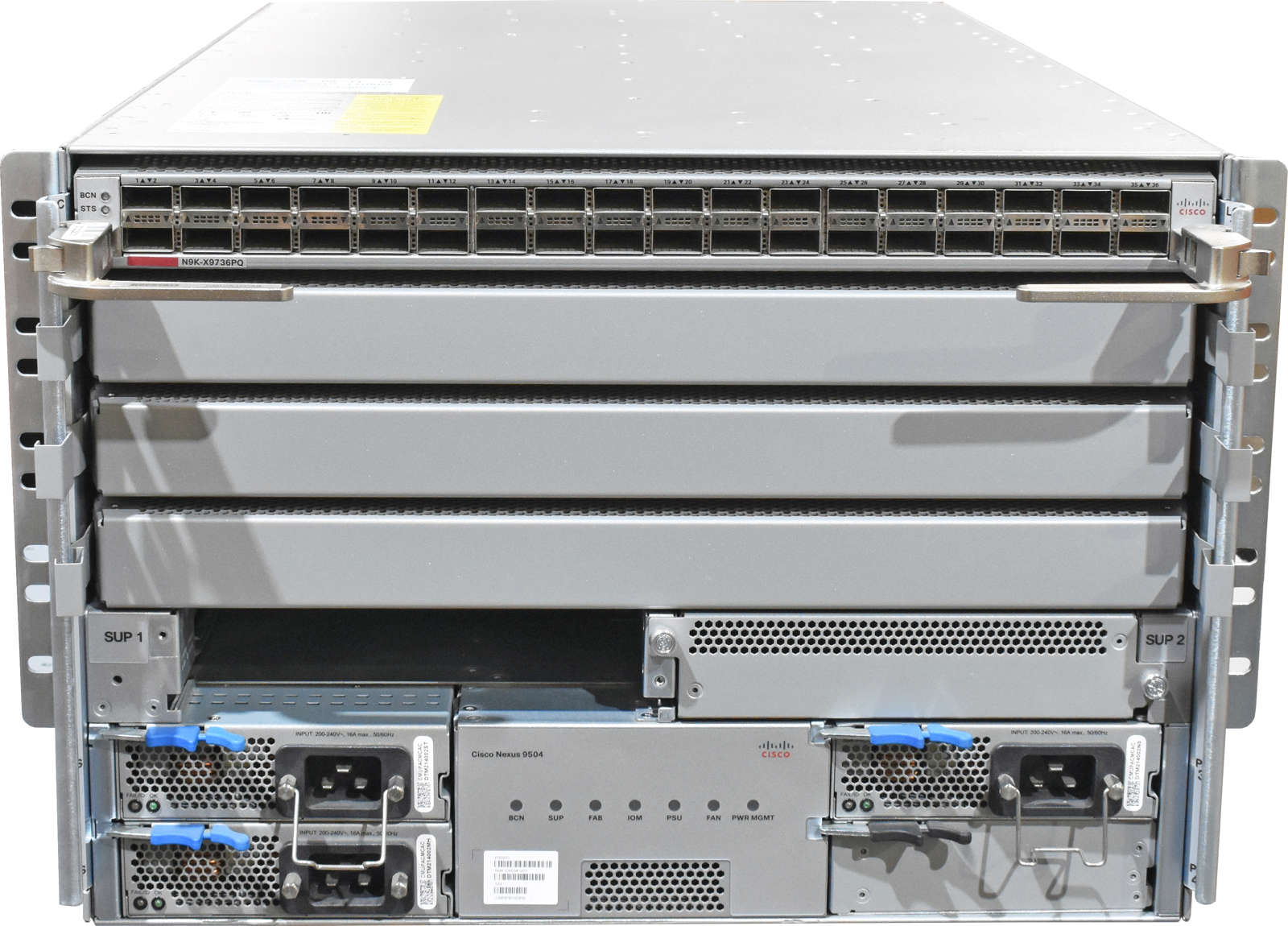 Cisco-Nexus-9504-N9K-C9504-Module-N9K-X9736PQ-2x-M-001.jpg Cisco Nexus 9504 N9K-C9504 +Module N9K-X9736PQ 2x Module N9K-SC-A 3x PSU 3x FAN