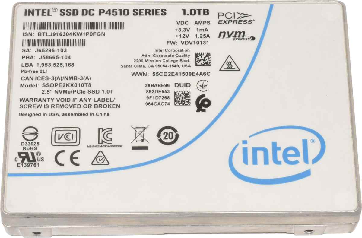 Intel SSD DC P4510 Series 1TB 2.5" NVMe / PCle SSDPE2KX010T8 Intel SSD DC P4510 Series 1TB 2.5" NVMe / PCle SSDPE2KX010T8