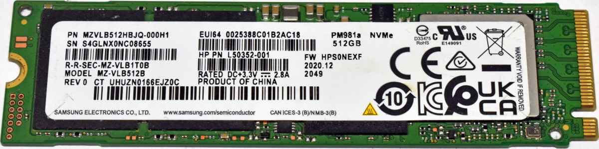 HP Samsung PM981a L50352-001 MZ-VLB512B 512GB M.2 SSD 2280 PCIe Gen3.0 x4 NVMe