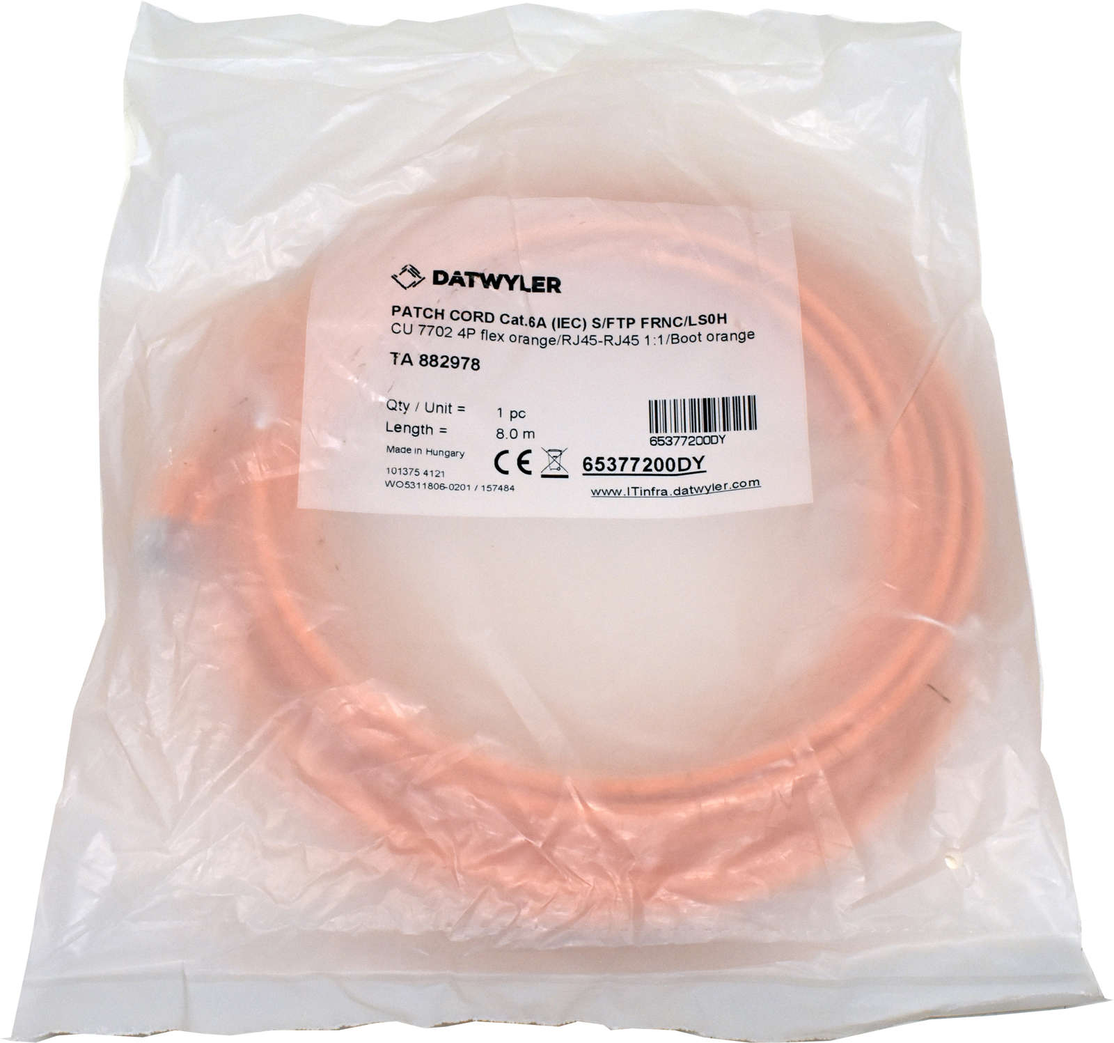 Dätwyler-8m-65377200DY-Copper-Patch-Cord-RJ-45-Cat-001.jpg Dätwyler 8m 65377200DY Copper Patch Cord RJ-45 Cat.6A IEC orange NEW NEU