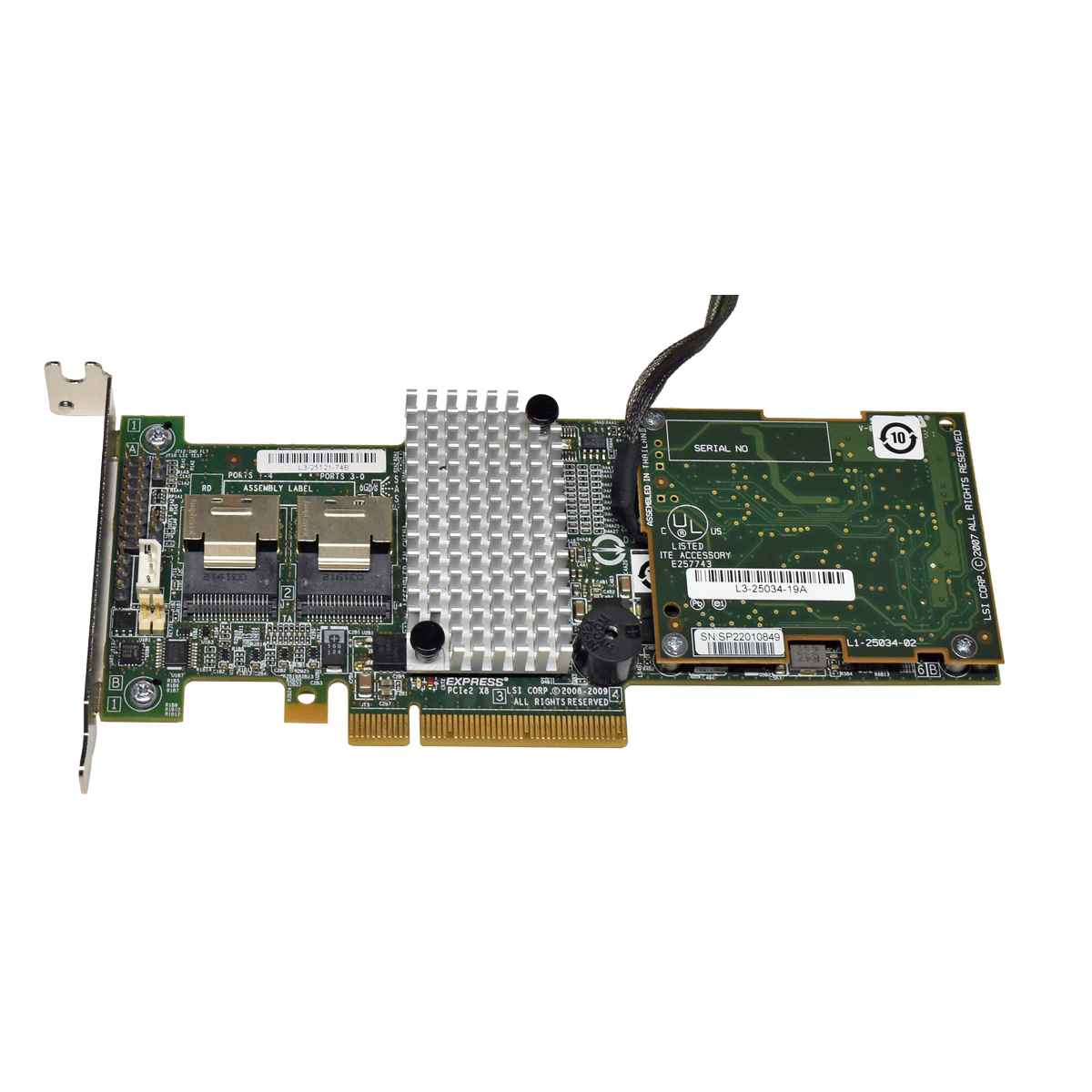 Dell LSI Raid Controller L3-25121-74B 003NDP + Interposer Card + BBU auf Halterung + 2xSAS/6xSATA Kabel LP Dell LSI Raid Controller L3-25121-74B 003NDP + Interposer Card + BBU auf Halterung + 2xSAS/6xSATA Kabel LP