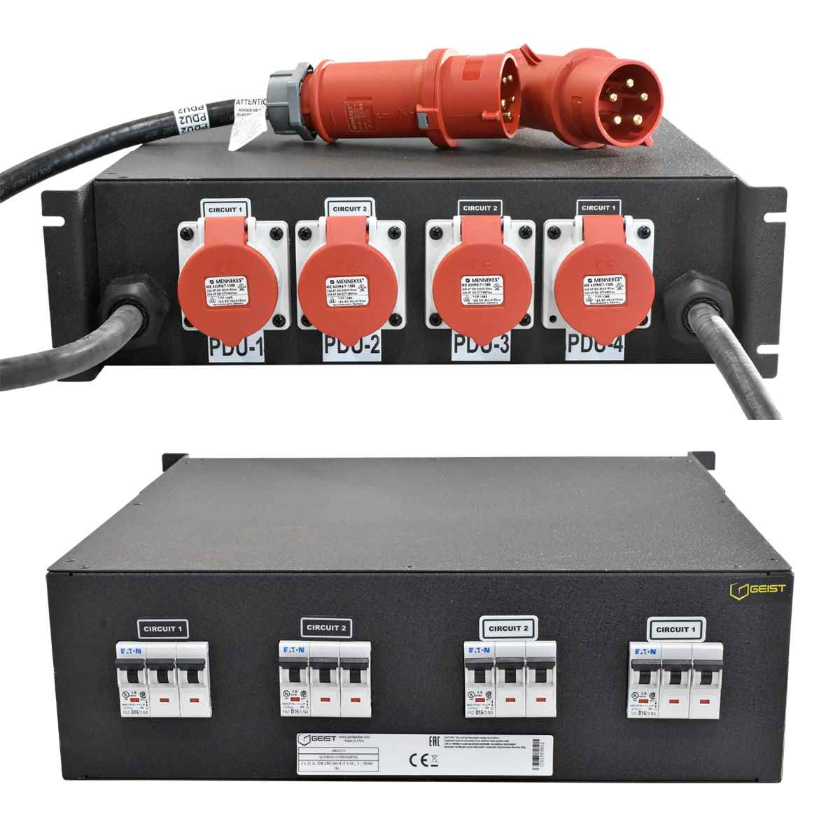 Geist PDU MU3311 U3YR043-033PS56DPS56 32A/24A 208-240/360-415 VAC 50/60 Hz Rack Ears Geist MG3310 G3YR043-153PS56DPS56 3U 240/415 VAC 2x 32A CE Splitter