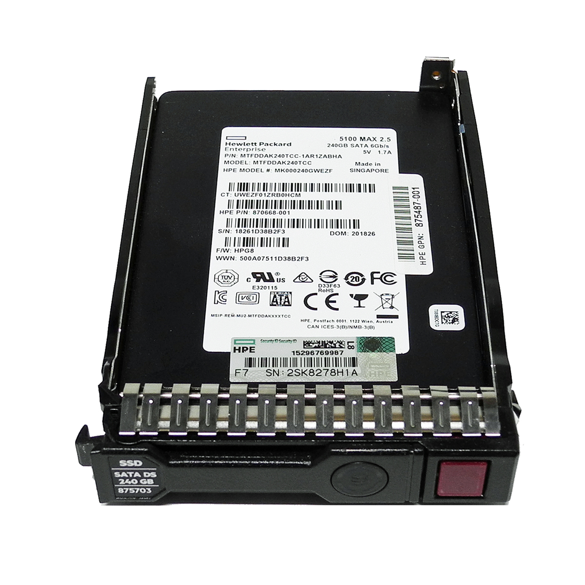 HP Micron MK000240GWEZF 240GB SATA 6Gb/s 2.5“ SSD + Rahmen 870668-001 875703-001 HP Micron 240GB 2.5" 6G SATA SSD MK000240GWEZF 870668-001 875703-001 G8-G10 Servers