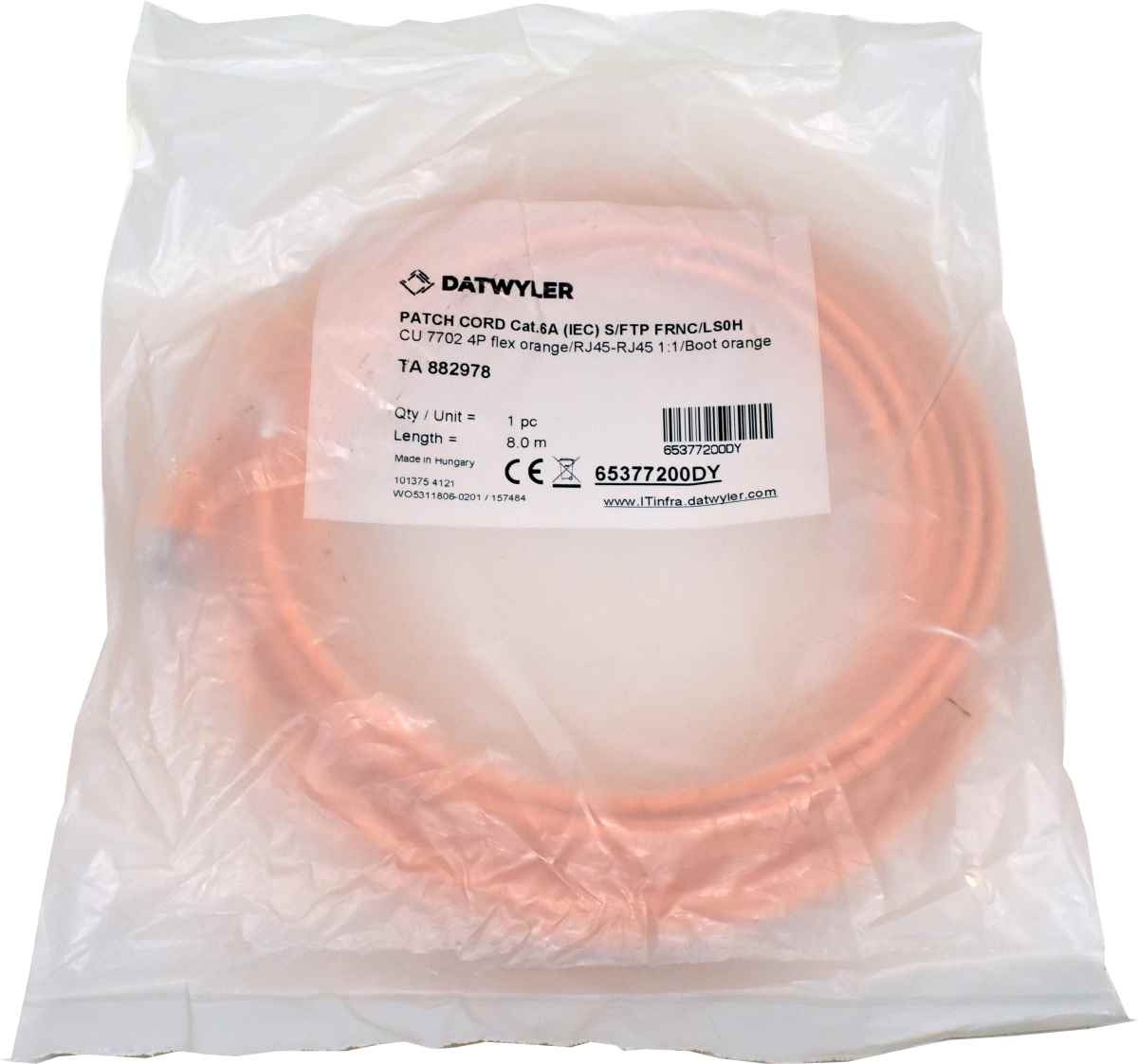 Dätwyler 8m 65377200DY Copper Patch Cord RJ-45 Cat.6A IEC orange NEW NEU