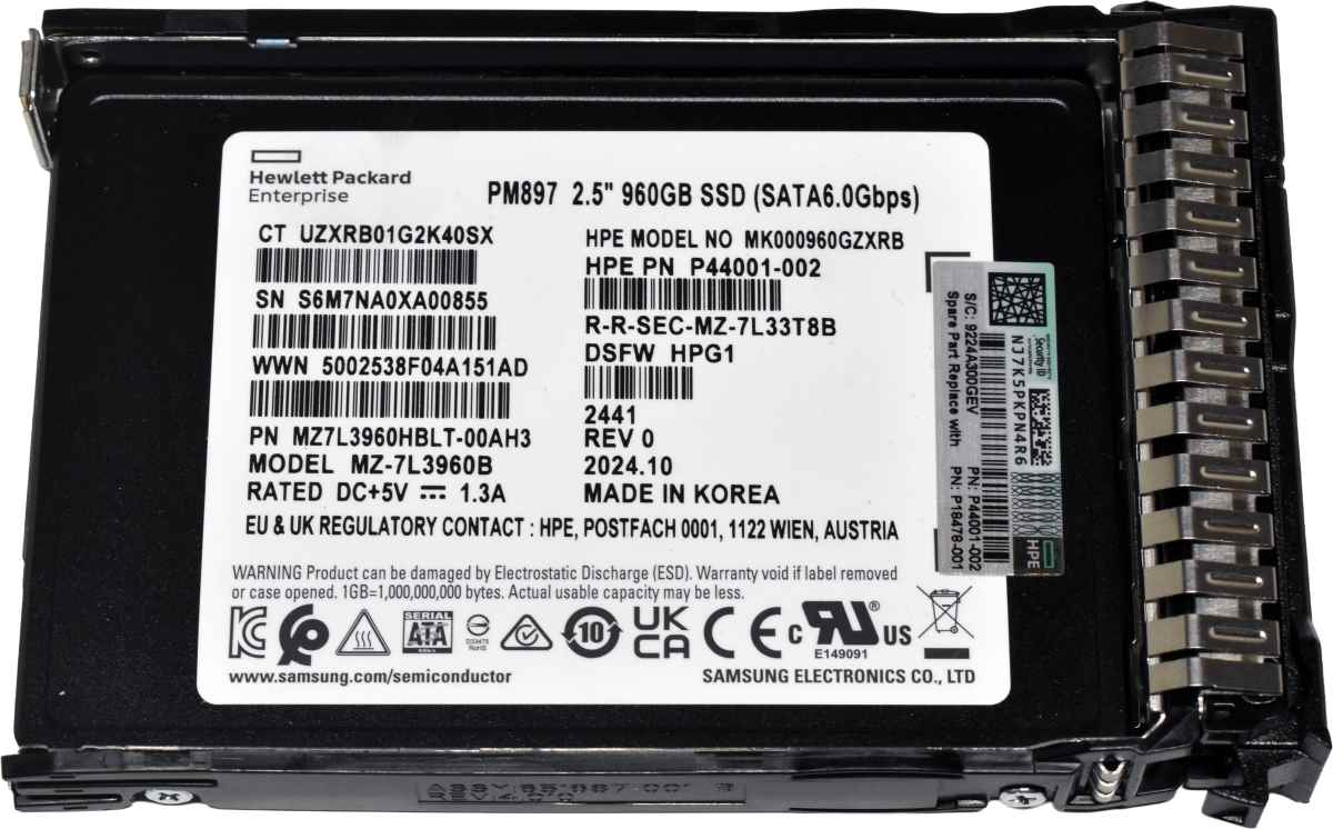 HP Samsung PM897 960GB P18478-001 MZ-7L3960B 2.5" SFF 6G SATA SSD +Caddy HP Samsung PM897 960GB P18478-001 MZ-7L3960B 2.5" SFF 6G SATA SSD +Caddy