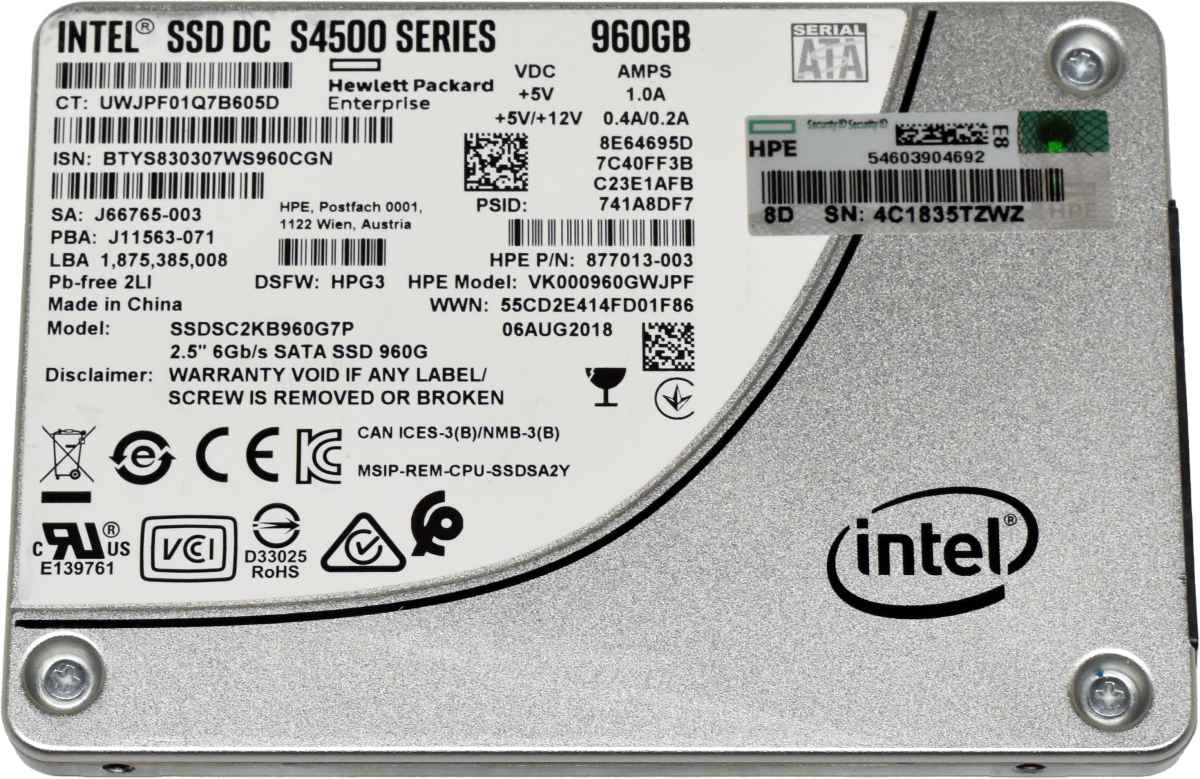 HP Intel SSD DC S4500 Series 960GB 2.5 Zoll 6G SATA SSDSC2KB960G7P 877013-003 HP Intel SSD DC S4500 Series 960GB 2.5 Zoll 6G SATA SSDSC2KB960G7P 877013-003