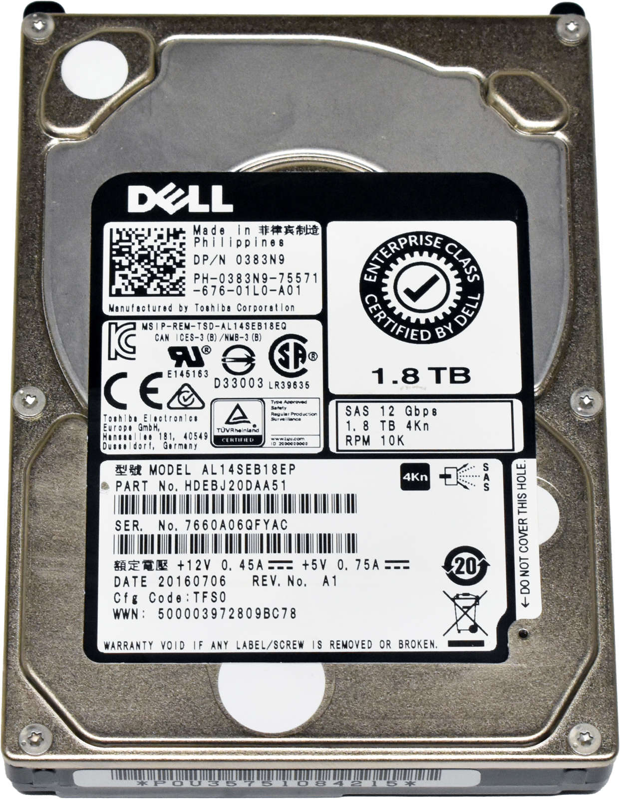 Dell Toshiba 1.8TB 0383N9 AL14SEB18EP 2.5" 10K 12G SAS HDD