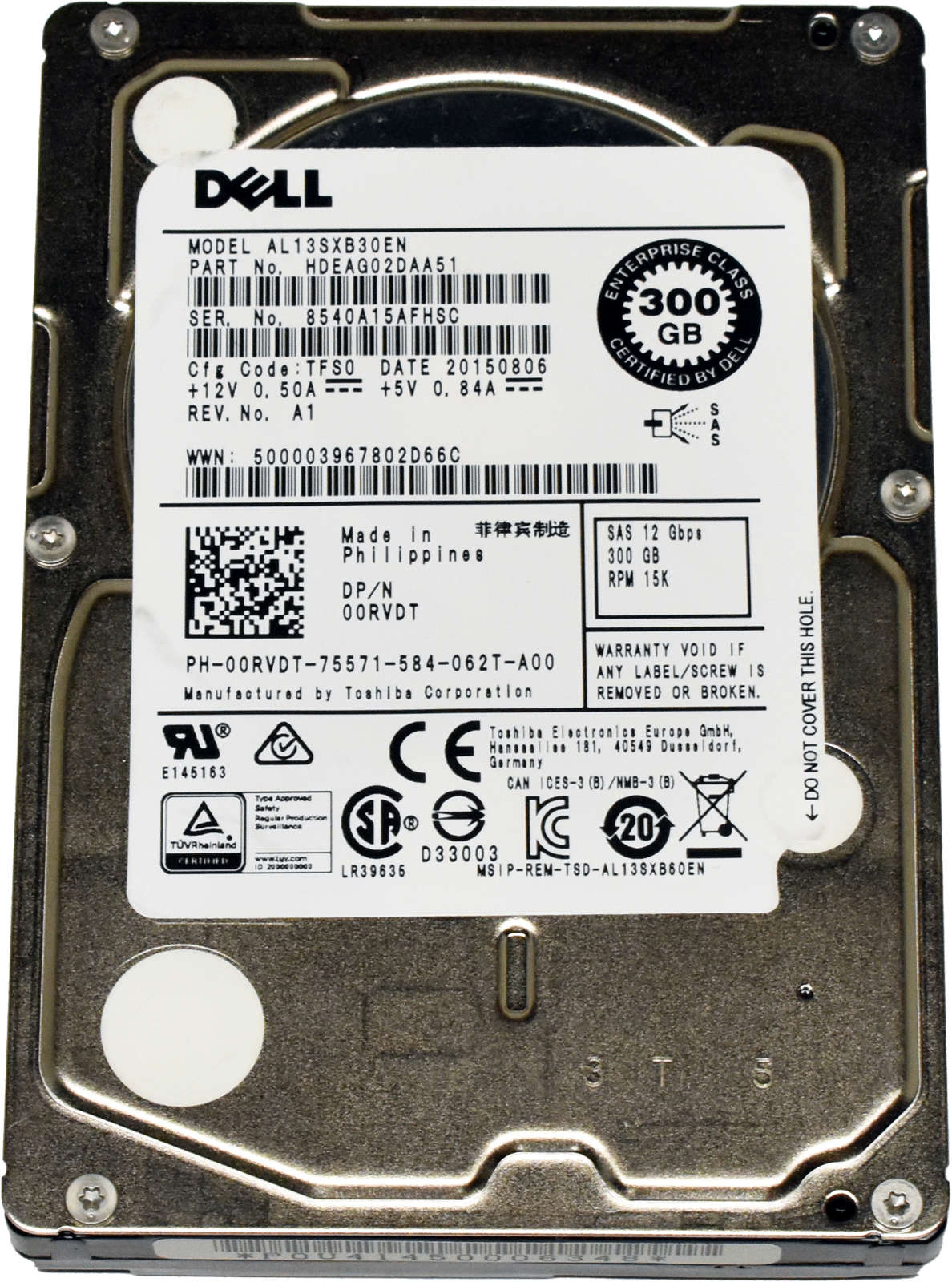 Dell Toshiba 300GB 00RVDT AL13SXB30EN 2.5" 12G 15K SAS HDD