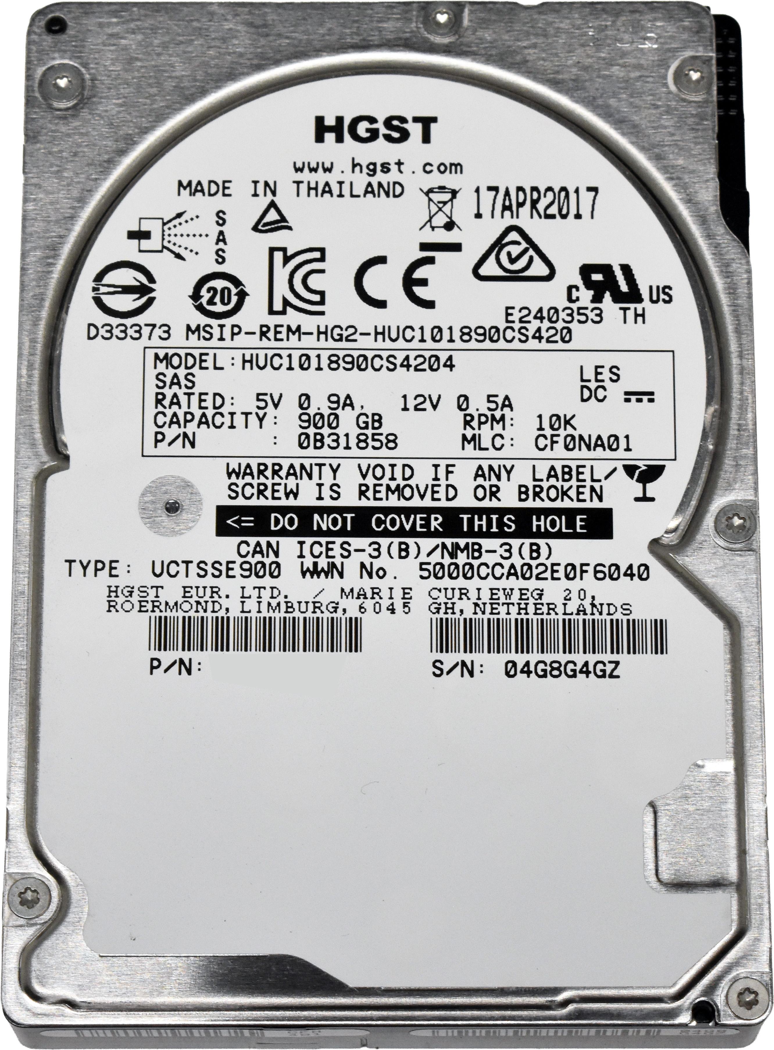 HGST 900GB 2.5" 10K 12G SAS HDD HUC101890CS4204 512 Bytes