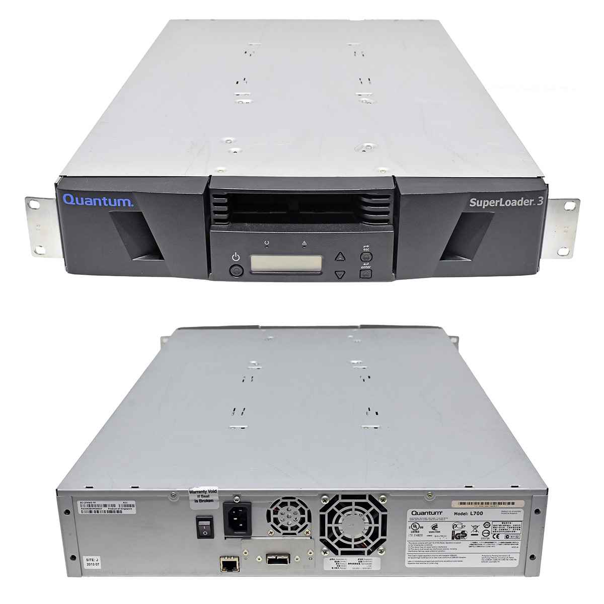 Quantum L700 Superloader 3 Tape Autoloader EC-LFHWE-YF Drive Type LTO-5 6G SAS 8 Slots 1 Magazine 2U 2HE Quantum L700 Superloader 3 Tape Autoloader EC-LFHWE-YF Drive Type LTO-5 6G SAS 8 Slots 1 Magazine 2U 2HE