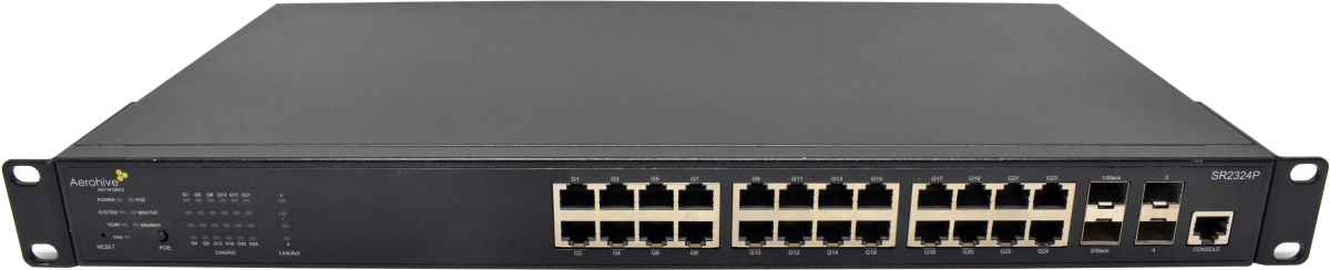 Aerohive AH-SR2324P 24-Port PoE+ RJ-45 GE Switch 4x 10G SFP+ Rack Ears