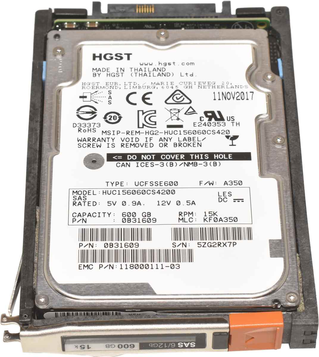 EMC HGST 600GB 2.5" 15K 12Gbps SAS HDD Festplatte HUC156060CS4200 mit EMC Rahmen 005051606