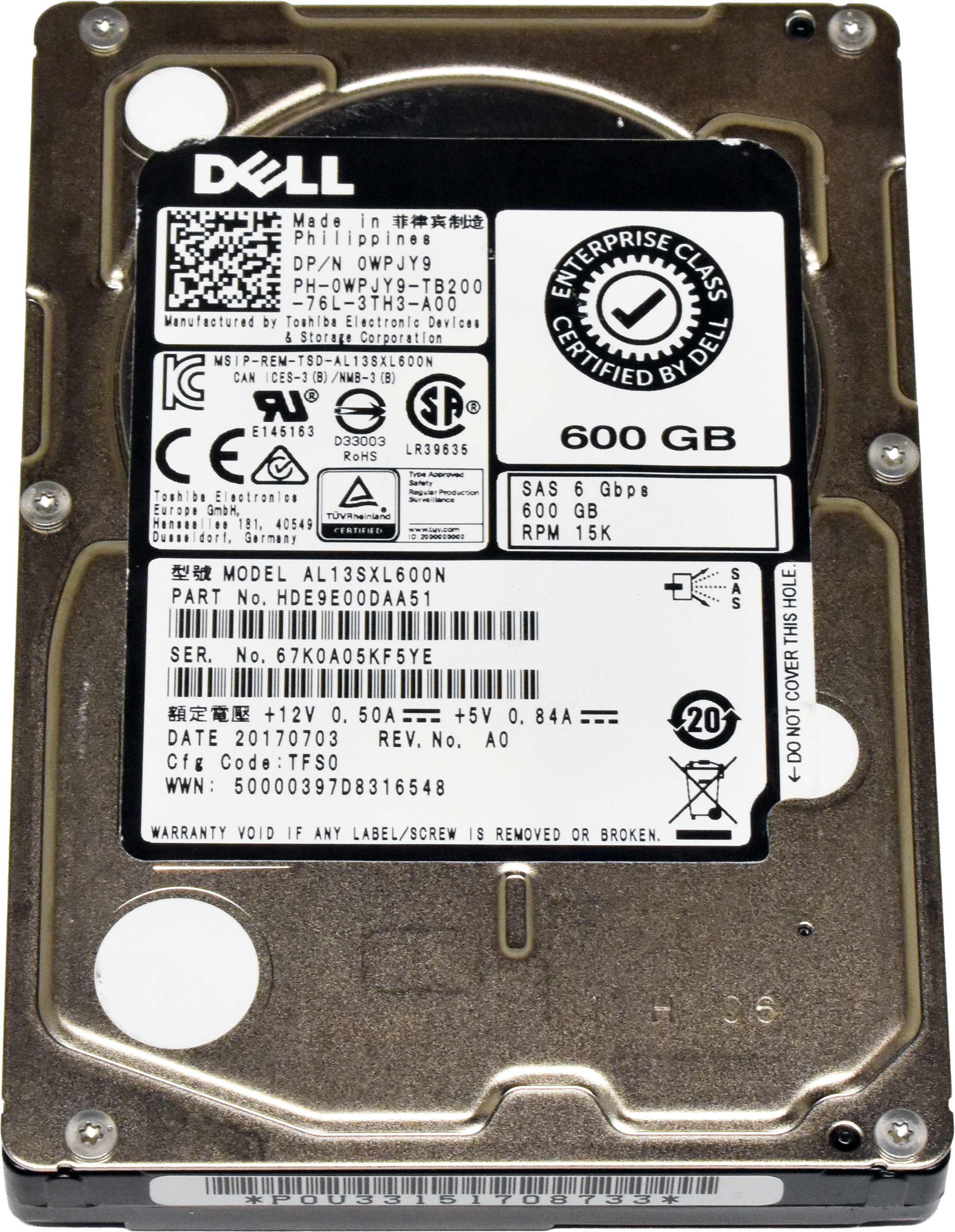 Dell Toshiba 600GB 2.5" 15K 6G SAS HDD AL13SXL600N 0WPJY9 Dell Toshiba 600GB 2.5" 15K 6G SAS HDD AL13SXL600N 0WPJY9