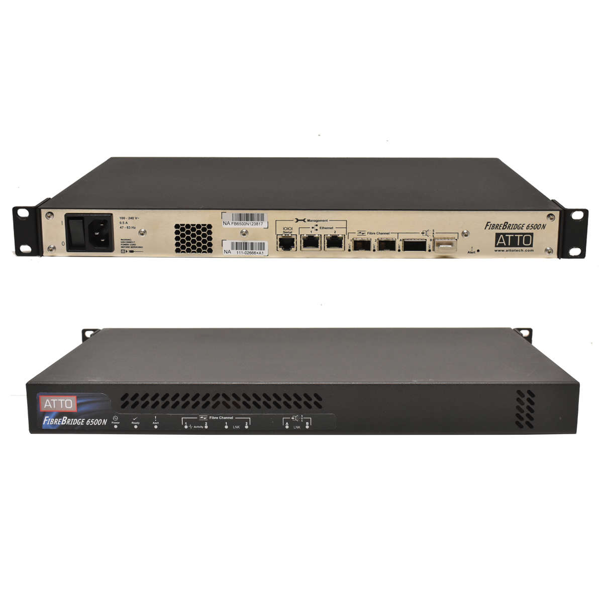 ATTO-FibreBridge-6500N-FCBR-6500-DN1-8GB-FC-to-6GB-003.jpg ATTO FibreBridge 6500N FCBR-6500-DN1 8GB FC to 6GB SAS 2x Mini GBIC Rack Ears