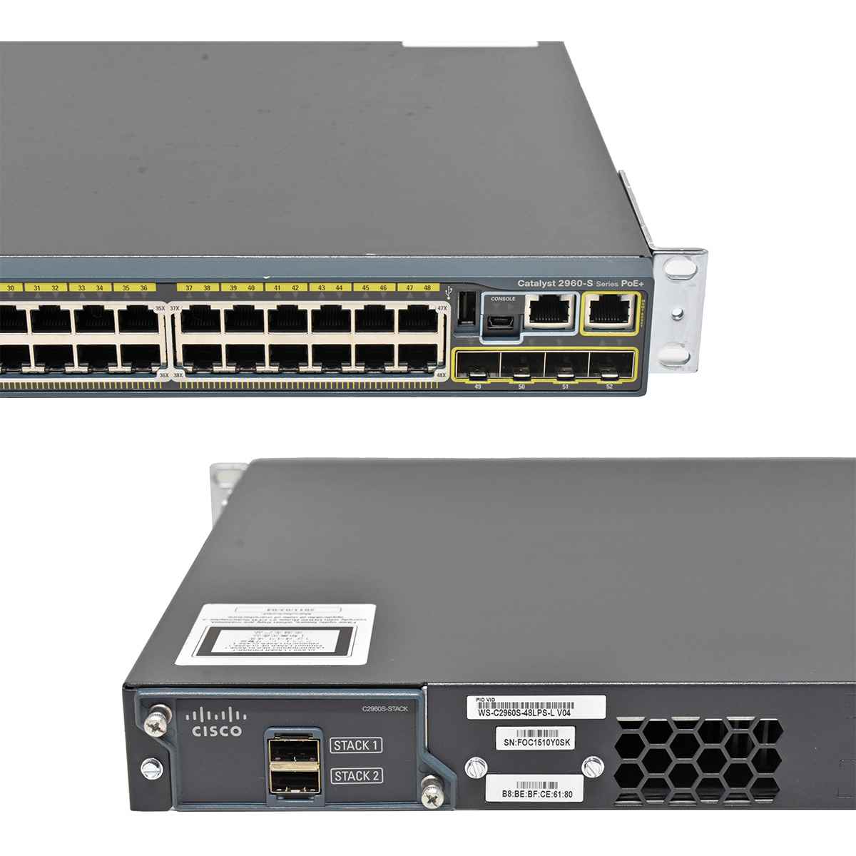 Cisco Catalyst WS-C2960S-48LPS-L 48-Port RJ-45 PoE GE Switch 4x SFP +Stack Module +Rack Ears