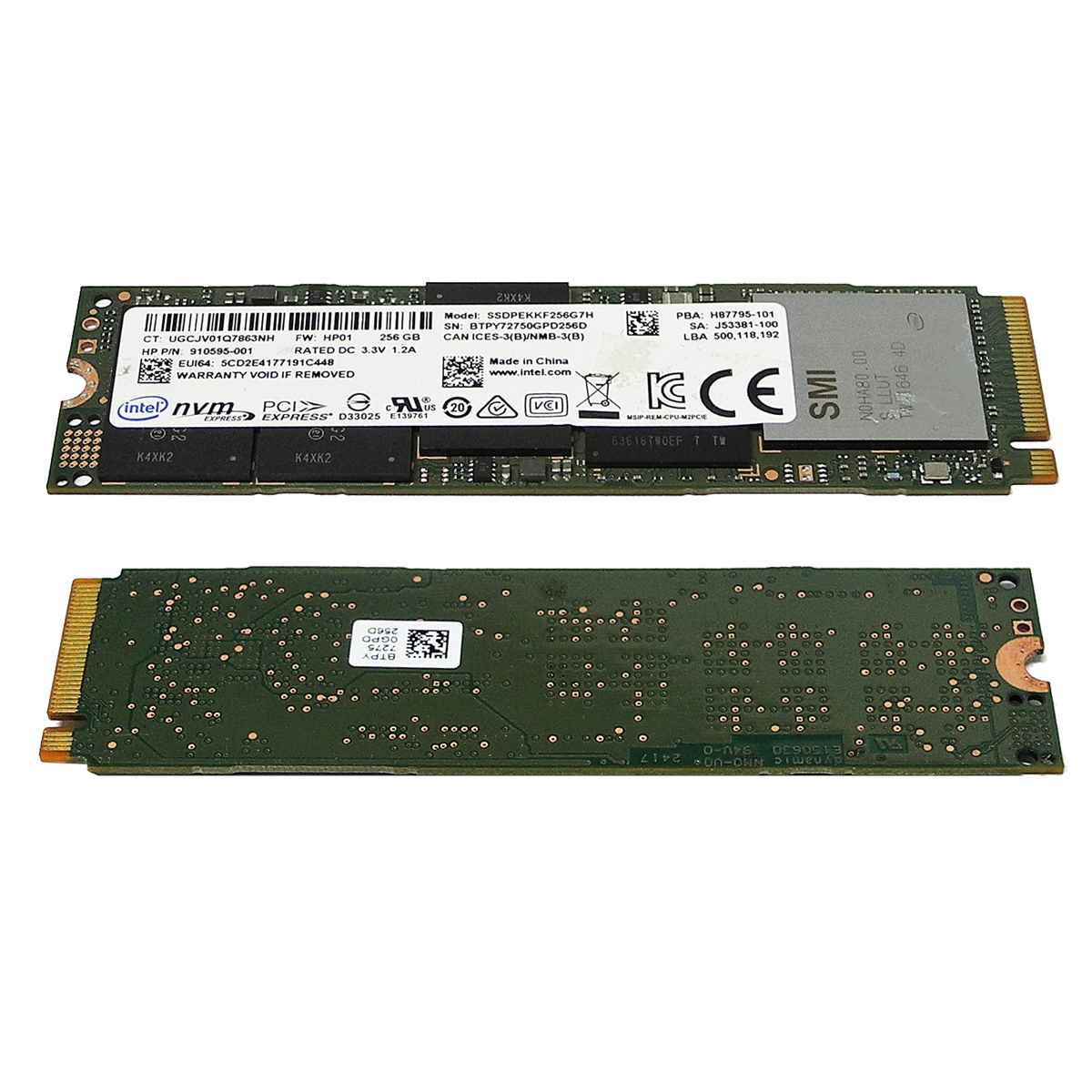 HP 910595-001 Intel SSDPEKKF256G7H SSD 256GB M.2 2280 PCIe Gen3.0 x4 NVMe HP 910595-001 Intel SSDPEKKF256G7H SSD 256GB M.2 2280 PCIe Gen3.0 x4 NVMe