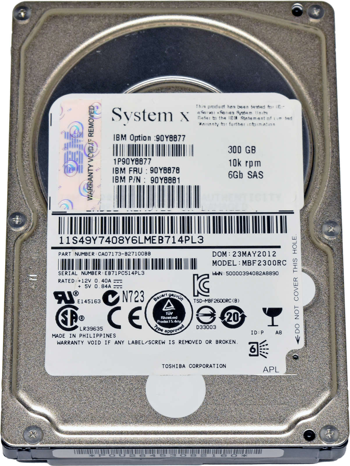 IBM Toshiba 300GB 90Y8878 90Y8881 MBF2300RC 6G 2.5" 10K SAS HDD