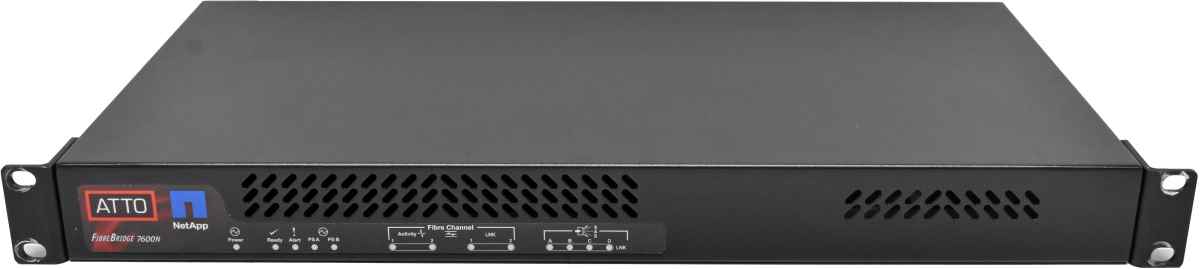 ATTO FibreBridge 7600N FCBR-7600-DN1 4163-0065-R00 32GB FC to 12GB SAS 2x 32G Mini GBIC