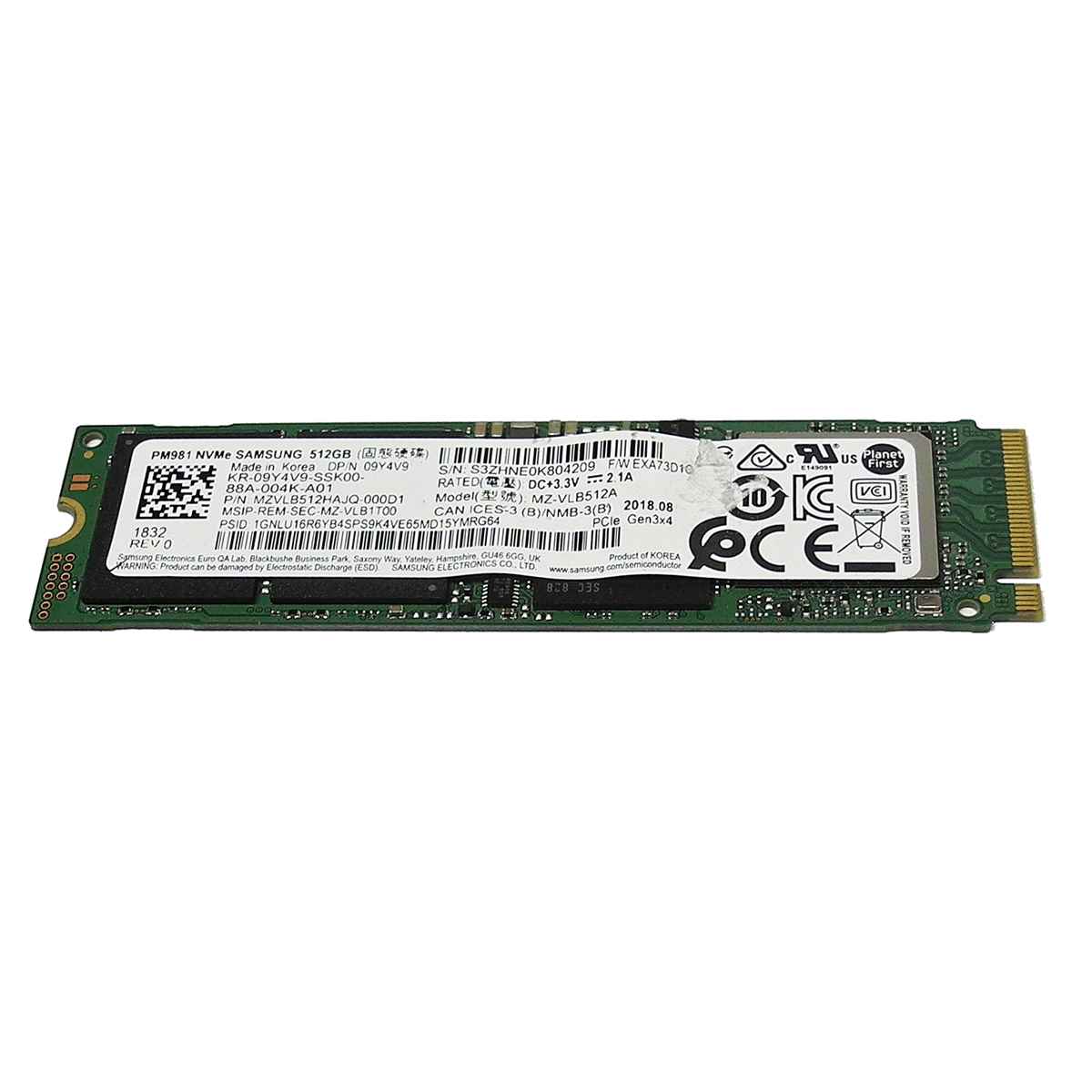 Dell 09Y4V9 Samsung PM981 MZ-VLB512A SSD 512GB M.2 2280 PCIe Gen3.0 x4 NVMe