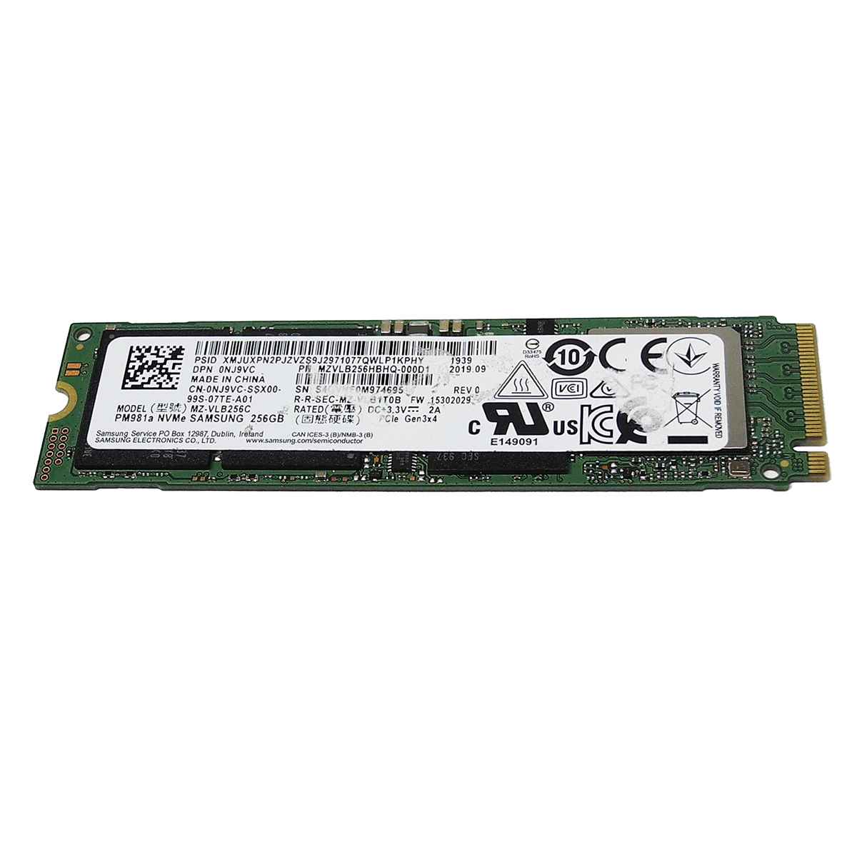 Dell 0NJ9VC Samsung PM981a MZ-VLB256C SSD 256GB M.2 2280 PCIe Gen3.0 x4 NVMe Dell 0NJ9VC Samsung PM981a MZ-VLB256C SSD 256GB M.2 2280 PCIe Gen3.0 x4 NVMe