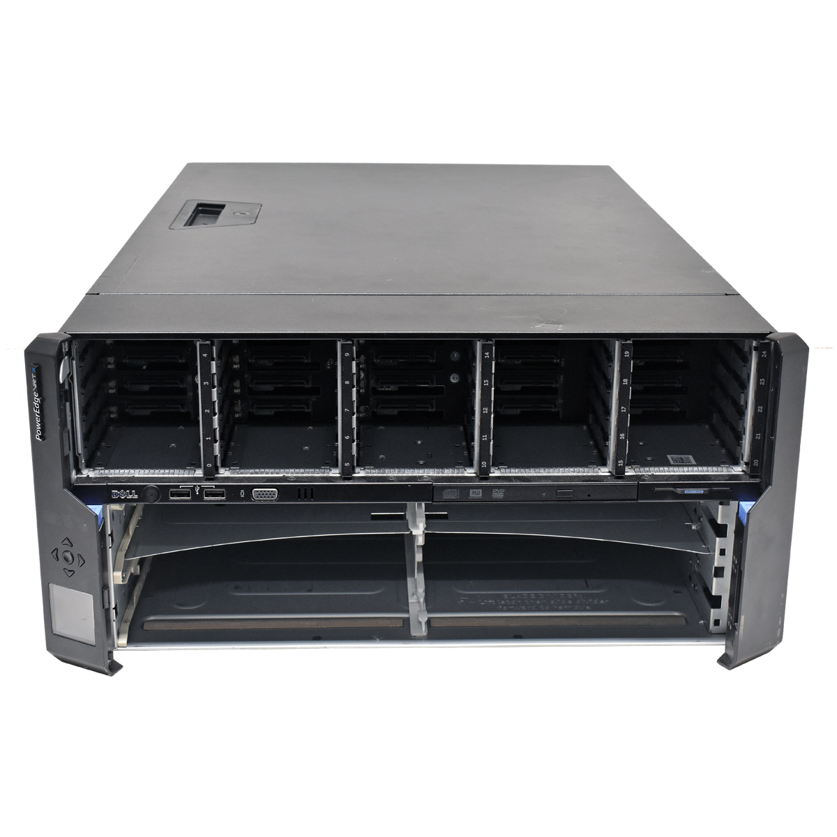 PowerEdge VRTX 4x 1100W PSUs 4 Fan Module 2x Raid Contr. 2x CMCs 4x 1G NICs 0YG4N3 PowerEdge VRTX 4x 1100W PSU 4x Fan Module 2x Perc8 2x CMC 0Y1F41 25x SFF 5U Rack