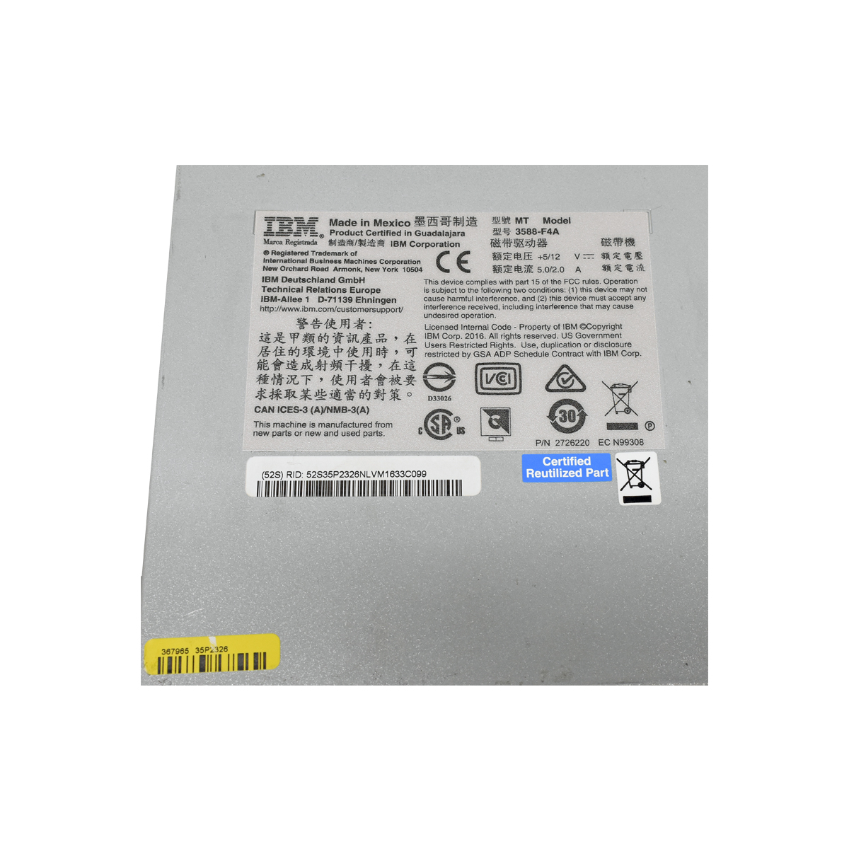 IBM 3588-F4A LTO Ultrium 4 FC 4Gb/sec 800GB Fibre Bandlaufwerk 35P2326 35P2508 95P4516 für System Storage TS3500 IBM 3588-F4A LTO Ultrium 4 FC 4Gb/sec 800GB Fibre Bandlaufwerk 35P2326 35P2508 95P4516 für System Storage TS3500