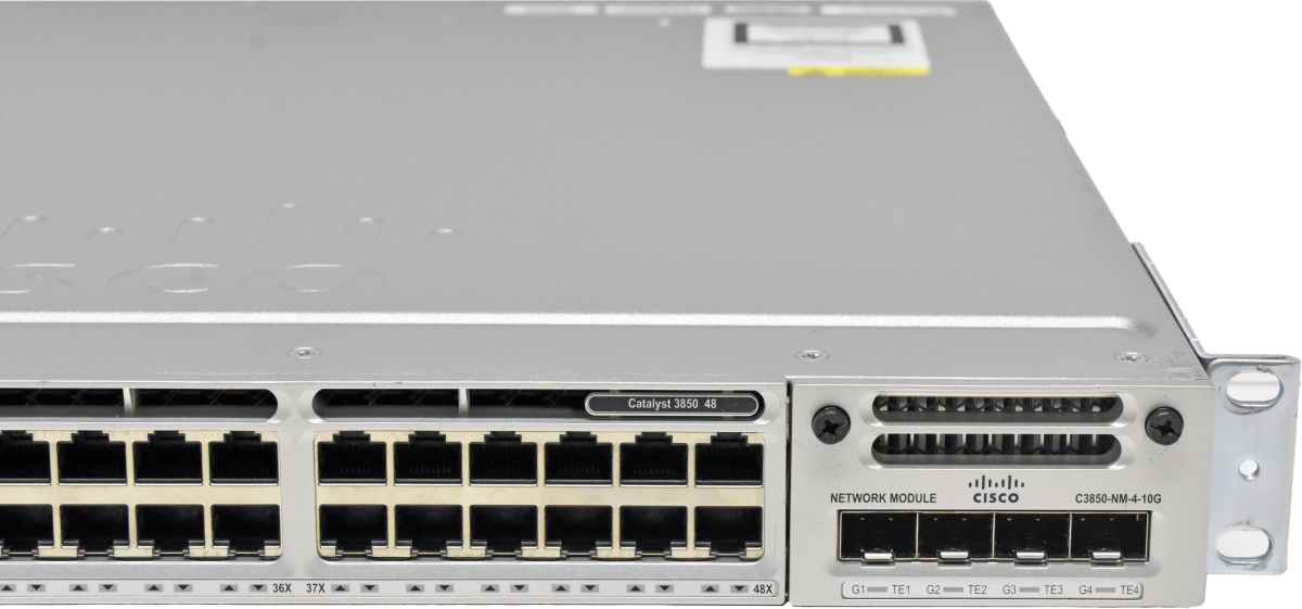Cisco Catalyst WS-C3850-48T-S 48-Port RJ-45 stackable GE Switch +Module C3850-NM-4-10G 1x PSU Cisco Catalyst WS-C3850-48T-S 48-Port RJ-45 stackable GE Switch +Module C3850-NM-4-10G 1x PSU