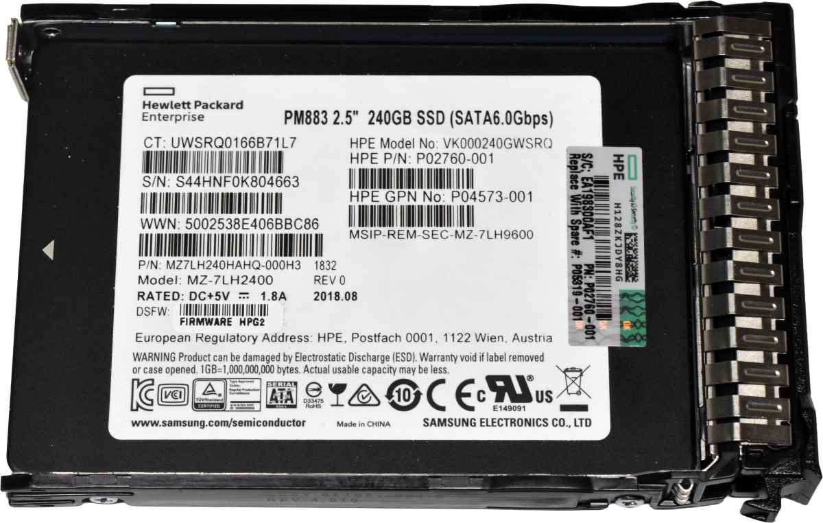 HP Samsung PM883 240GB P05319-001 MZ-7LH2400 2.5" SFF 6G SATA SSD +Caddy HP Samsung PM883 240GB P05319-001 MZ-7LH2400 2.5" SFF 6G SATA SSD +Caddy