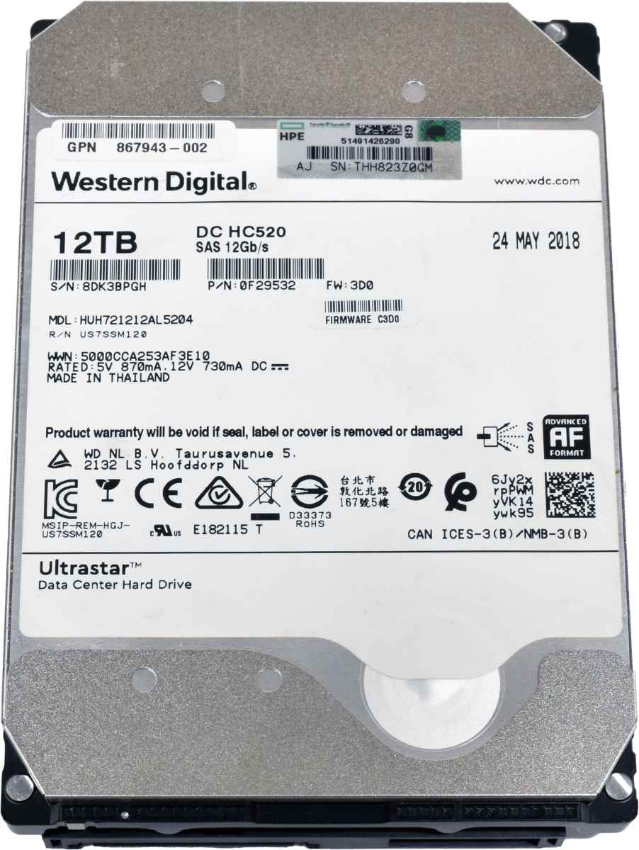 HP WD Ultrastar 12TB 867943-002 HUH721212AL5204 3.5" 7.2K 12G SAS HDD