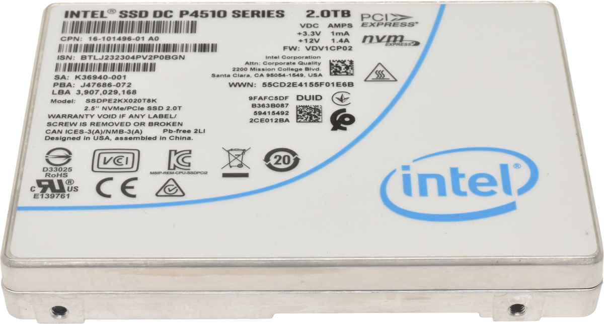 Intel DC P4510 Series 2TB 2.5" NVMe / PCIe SSD SSDPE2KX020T8K Intel DC P4510 Series 2TB 2.5" NVMe / PCIe SSD SSDPE2KX020T8K